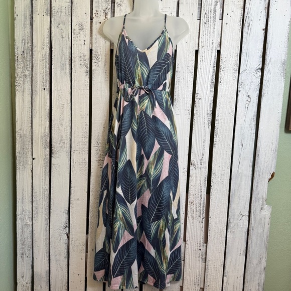 Husk Ary Tropical Leaf Maxi Dress Long V-Neck Drawstring Sundress Pockets Boho - Picture 2 of 11